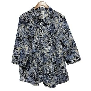 CJ Banks Blouse Womens 2X Blue Tropical Floral Button Front 3/4 Sleeve Top